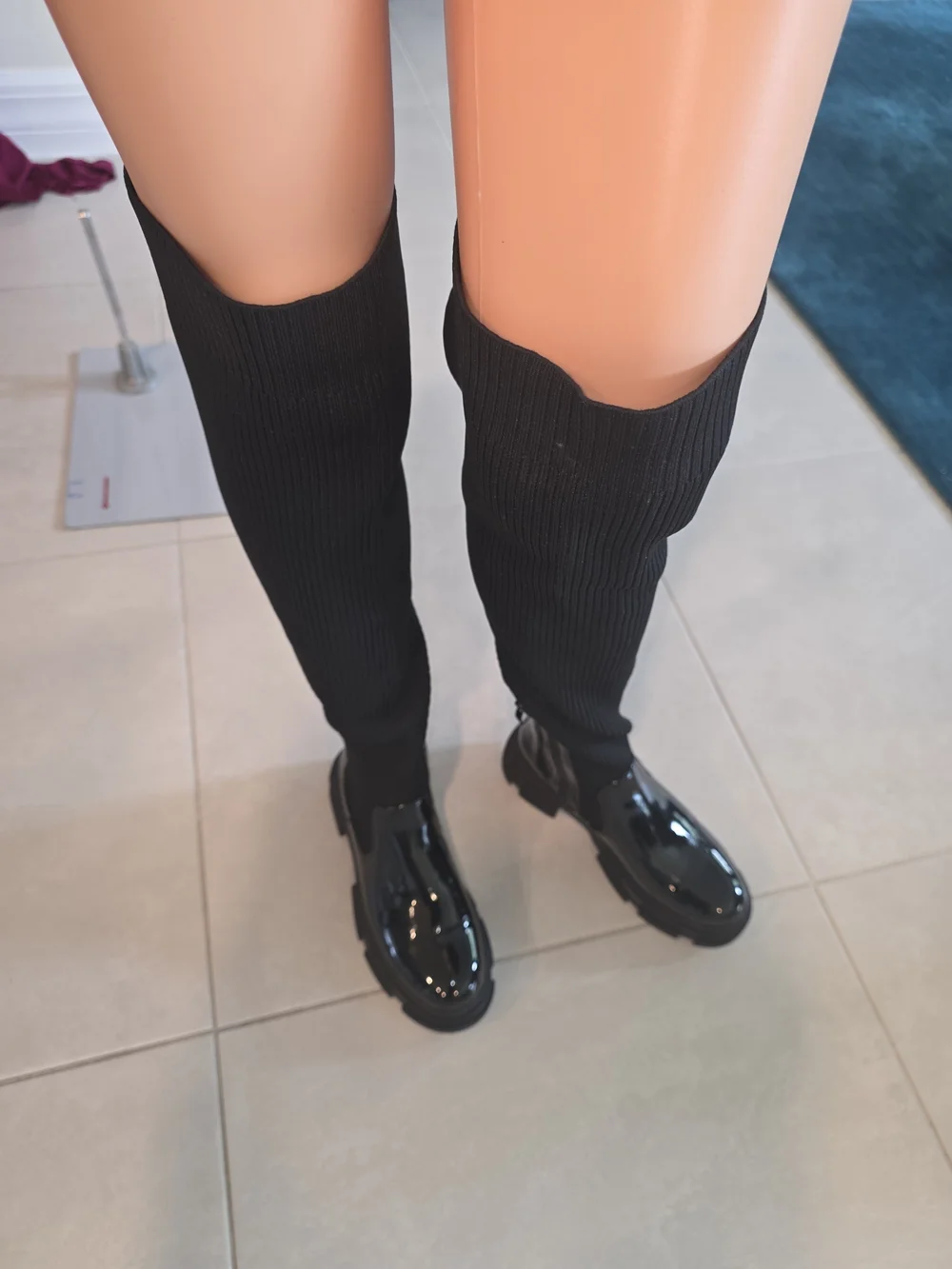 Black Over-the-Knee Ribbed Sock Boots
